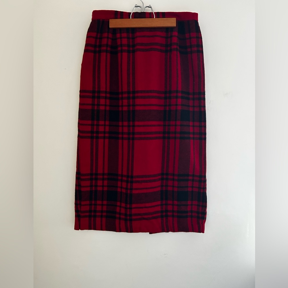 Vintage Jaclyn Smith Red Black Plaid Midi Pencil Wool Blend Skirt Size 12